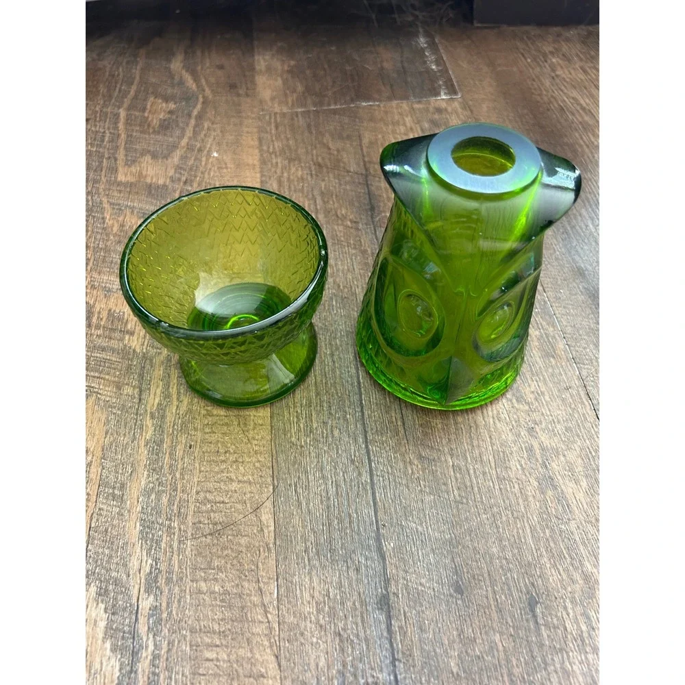 Vintage Viking Glass Green Owl Fairy Lamp MCM Avocado Glimmer Glass 2 Piece Set